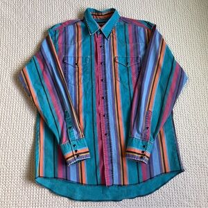 Vintage 90's Wrangler Striped Brushpopper Western Blue Pearl Snap Shirt Sz XL
